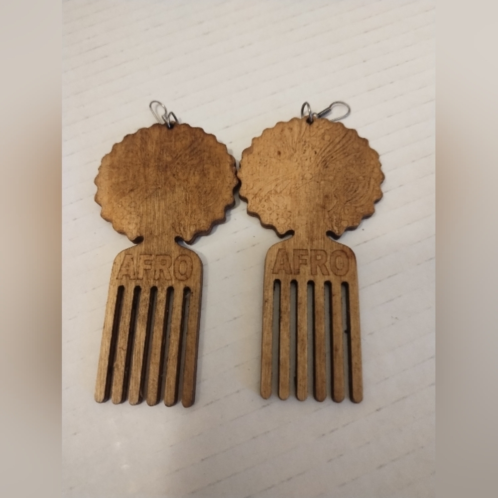 African wooden earrings tan with hooks 2.5 x  3.5 w/ AFRO carved on one …